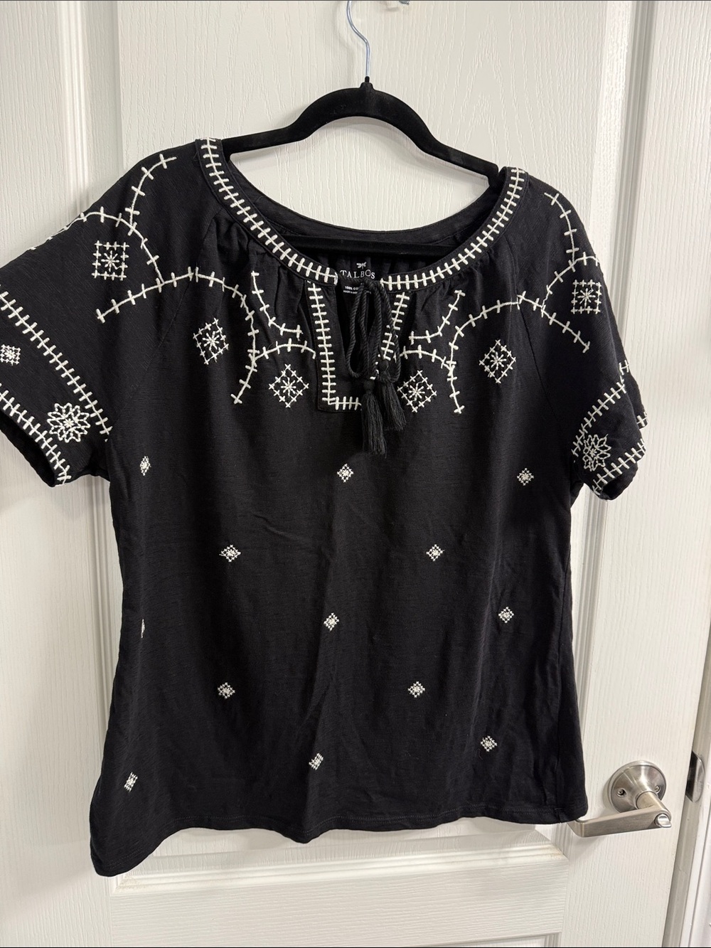 Talbots Black Short-Sleeve White Embroidered withTie-Neck Top Boho